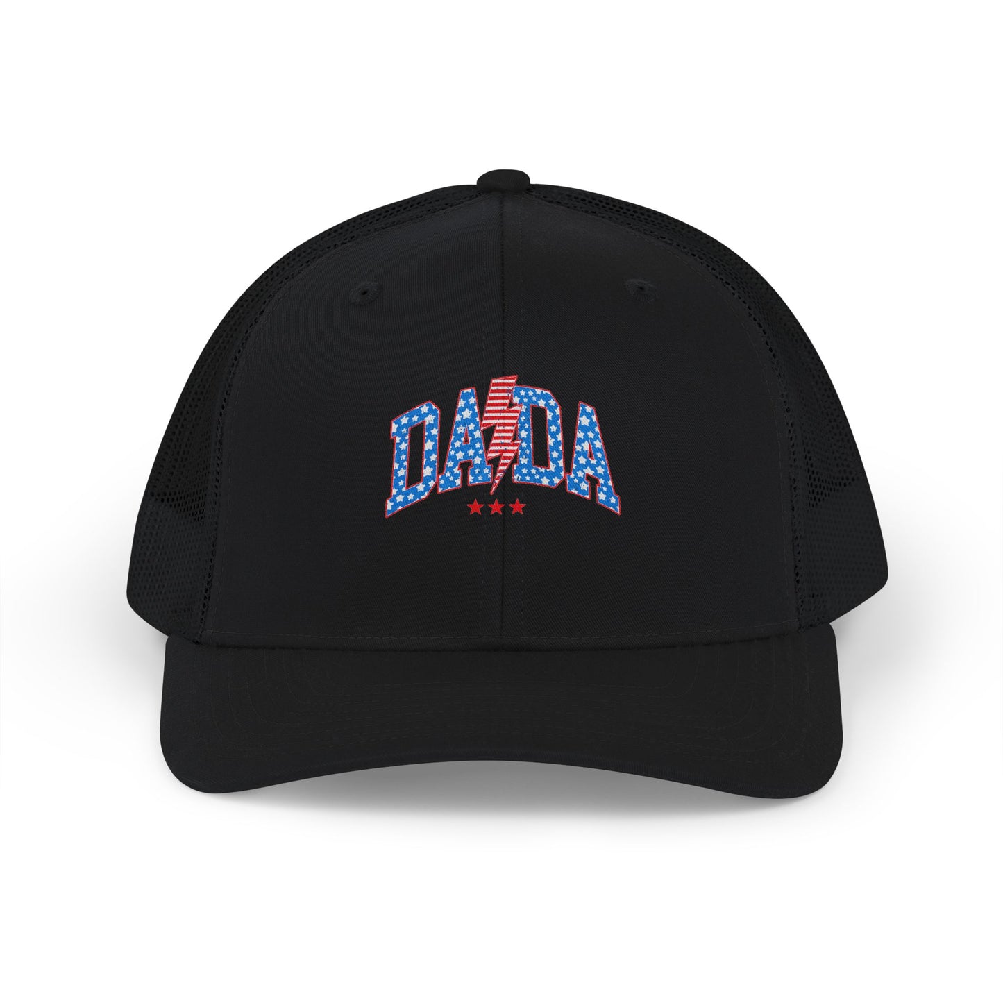 DADA Patriotic Trucker Cap — USA Flag Text Snapback for 4th of July & Summer