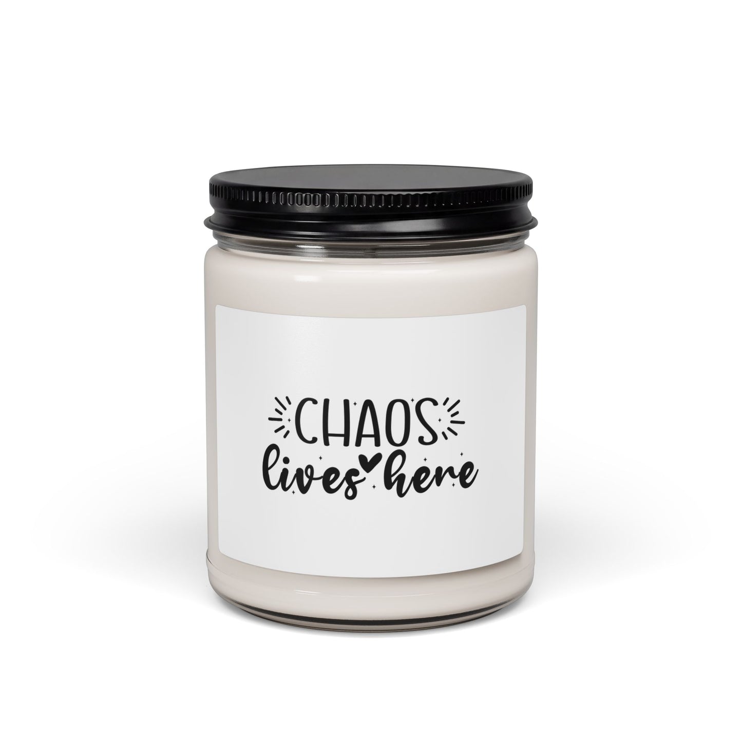 Soy Candle — 'Chaos Lives Here' Scented 9oz Jar (Funny Home Décor, Gift for Parents)