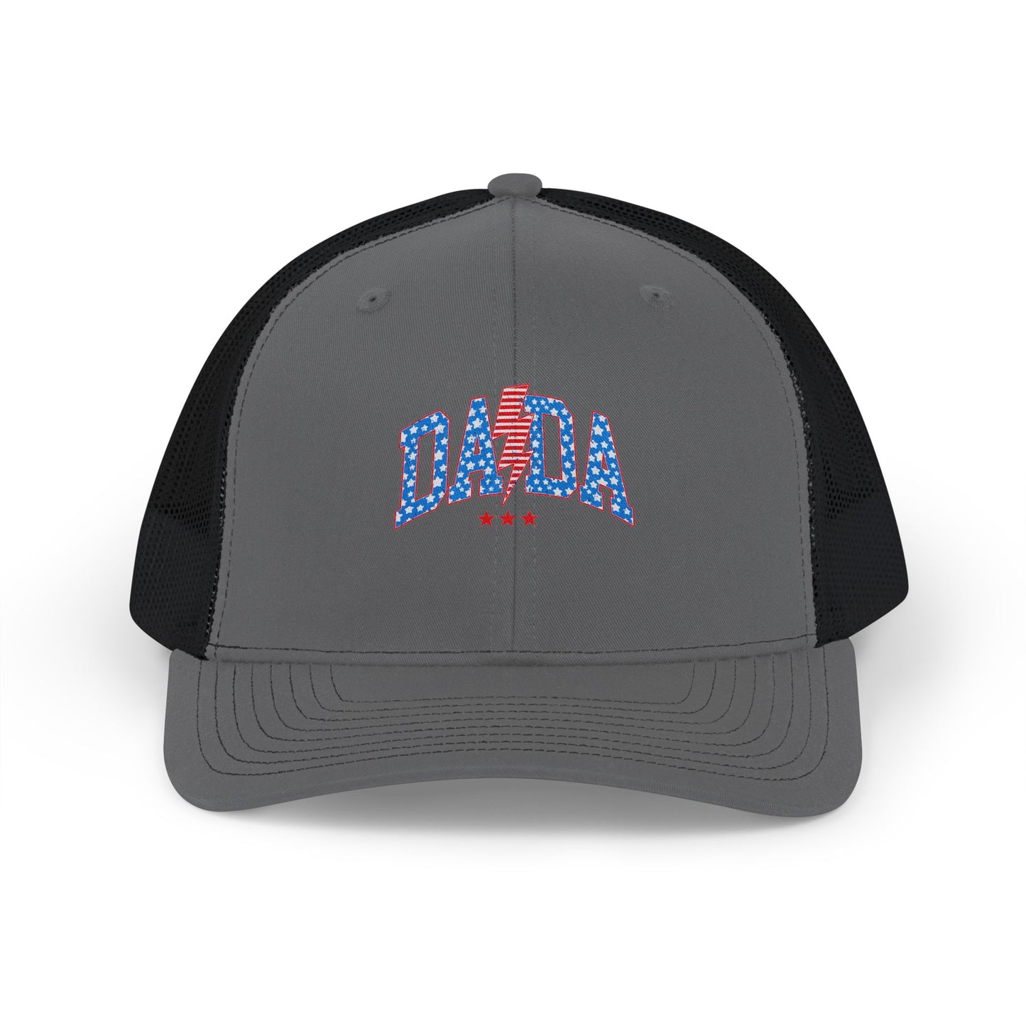 DADA Patriotic Trucker Cap — USA Flag Text Snapback for 4th of July & Summer