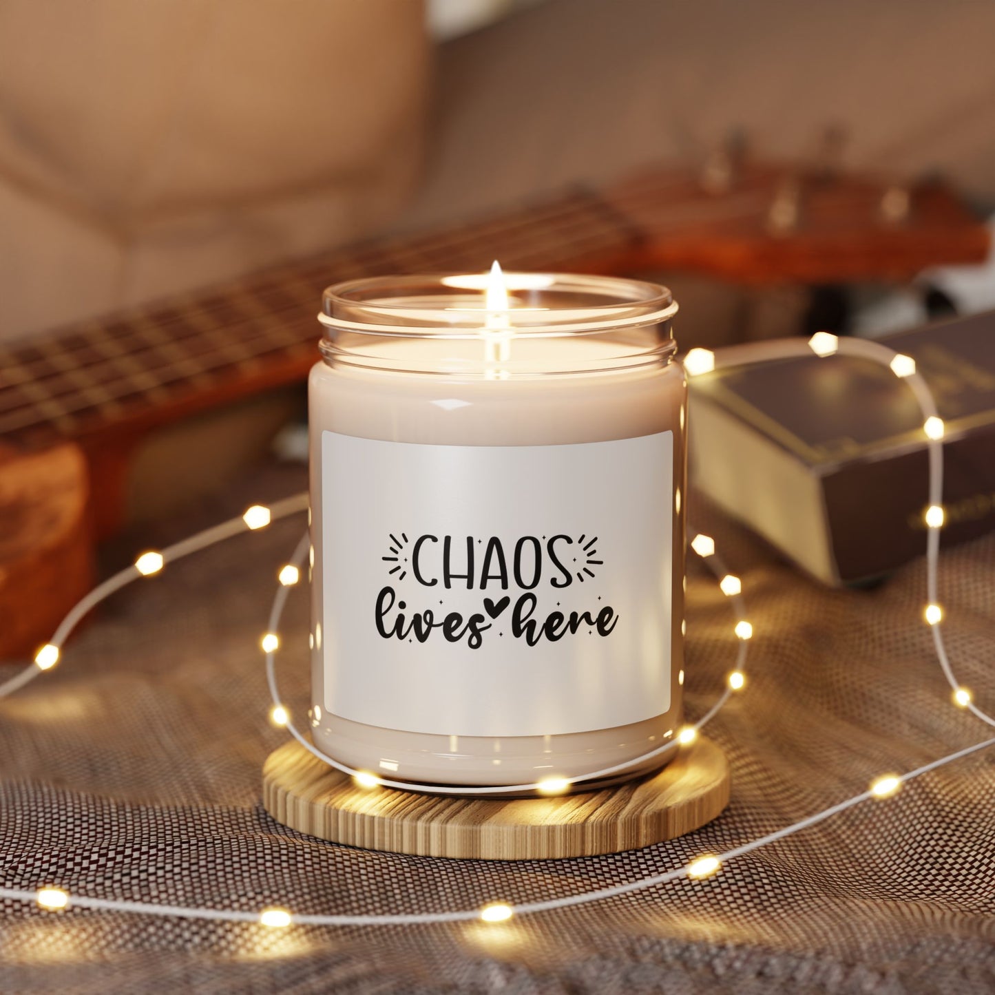 Soy Candle — 'Chaos Lives Here' Scented 9oz Jar (Funny Home Décor, Gift for Parents)