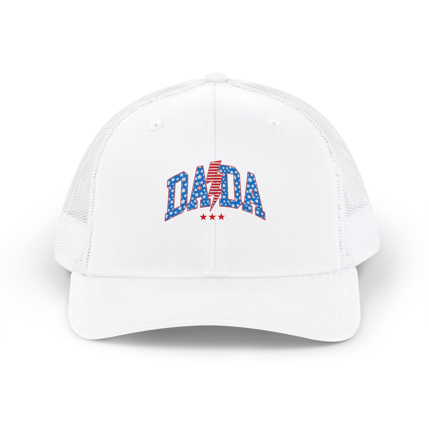 DADA Patriotic Trucker Cap — USA Flag Text Snapback for 4th of July & Summer