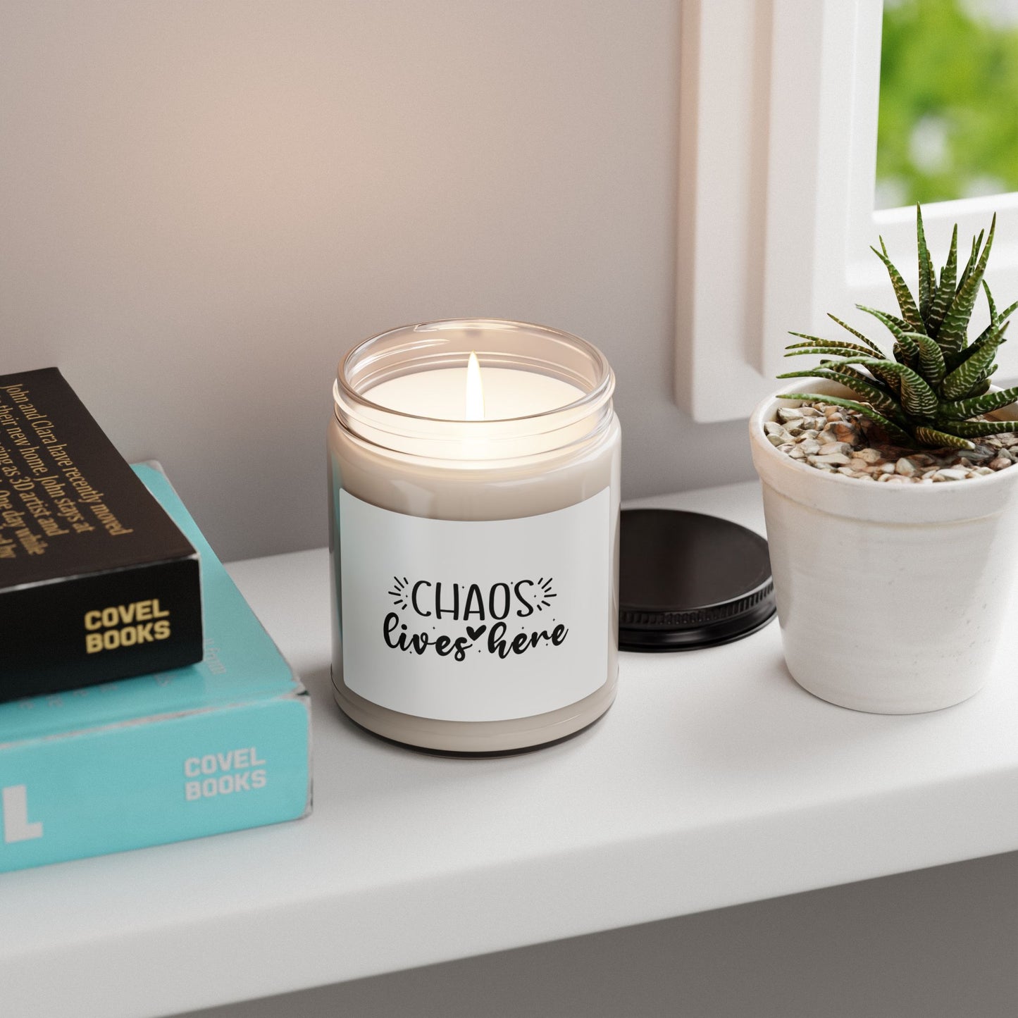 Soy Candle — 'Chaos Lives Here' Scented 9oz Jar (Funny Home Décor, Gift for Parents)