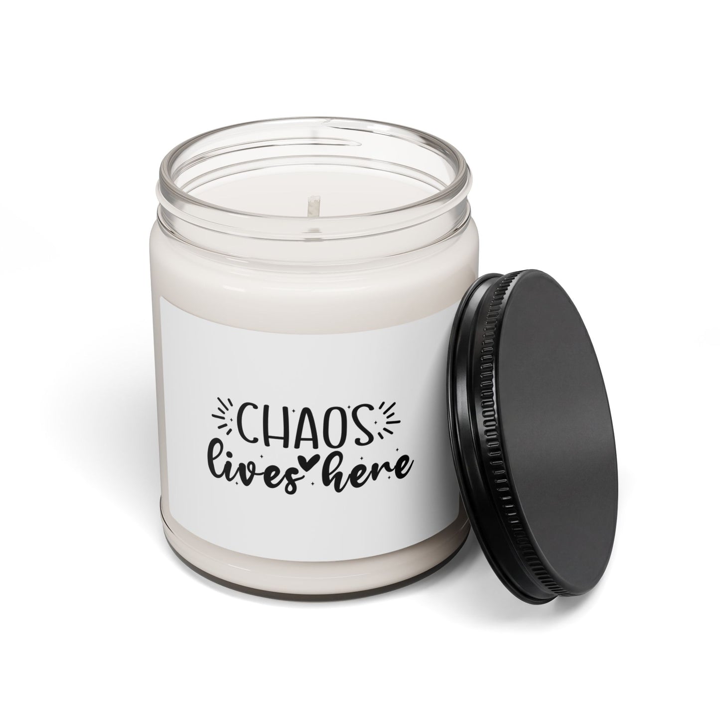 Soy Candle — 'Chaos Lives Here' Scented 9oz Jar (Funny Home Décor, Gift for Parents)