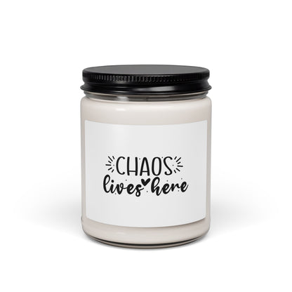 Soy Candle — 'Chaos Lives Here' Scented 9oz Jar (Funny Home Décor, Gift for Parents)