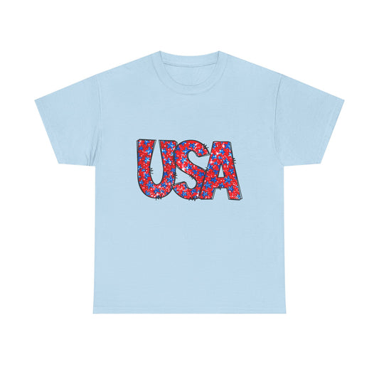 USA Floral Print T-Shirt — Patriotic Red & Blue Tee for 4th of July