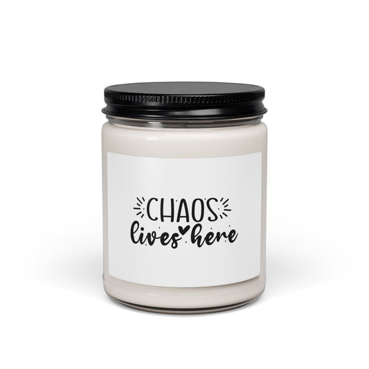Soy Candle — 'Chaos Lives Here' Scented 9oz Jar (Funny Home Décor, Gift for Parents)