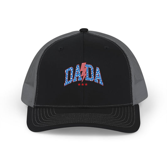 DADA Patriotic Trucker Cap — USA Flag Text Snapback for 4th of July & Summer