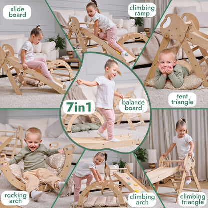 4in1 Montessori Climbing Set: Pikler Triangle, Arch, Slide Board, and Cushion for Toddlers (1–3 Years)